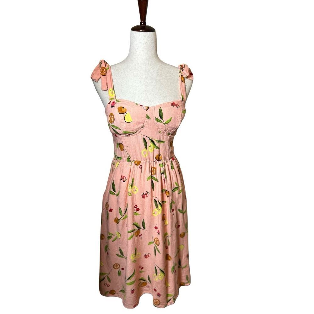 Lauren Conrad Corset Bustier Pink Tropical Summer Dress Linen Blend Pockets Sz S